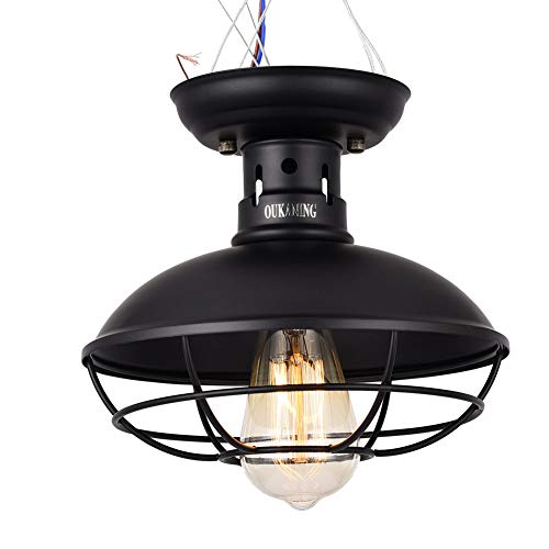 E26 KingSo Industrial Metallkäfig Deckenleuchte, max. 60W,Country Style Mini Semi-Einbau Pendelleuchte Kuppel/Schüssel geformte Lampe Schwarz Deckenleuchte
