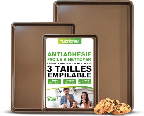 Nutrichef Lot de 3 Plaques de Cuisson en Acier Carbone – Ensemble de Moules à Pâtisserie Antiadhésifs pour Biscuits, Revêtement Métallique Sans PFOA, PFOS ni PTFE