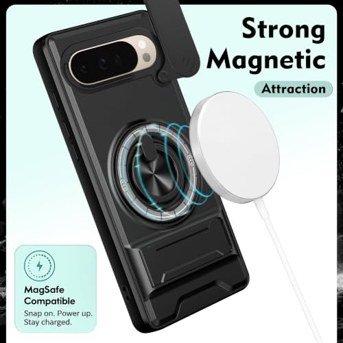Image of V-TAN Heavy Duty Back Cover Compatible with Google Pixel 9 Pro XL 5G, TPU, Military Drop Protection with Sliding Camera Cover, Finger Rotating Ring Kickstand, Scratch Resistant Shockproof-Black