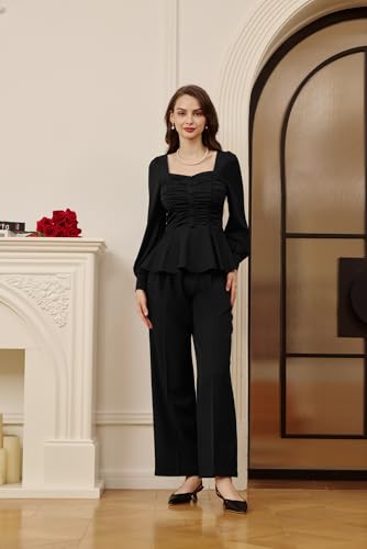 Belle Poque Peplum Tops for Women Square Neck Long Sleeve Blouses Ruffle Hem Smocked Elegant Shirts4