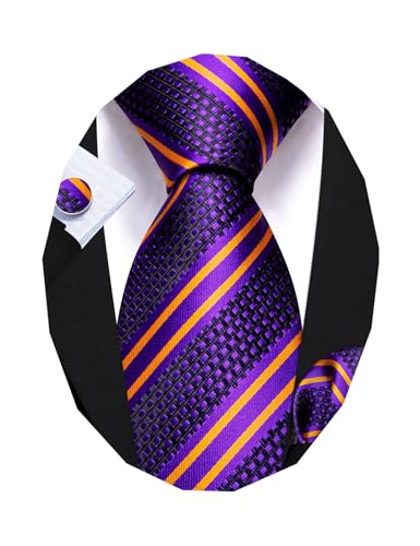Image of Barry.Wang Man Stripe Ties Set Silk Woven Pocket Square Necktie Cufflinks Formal Party Business