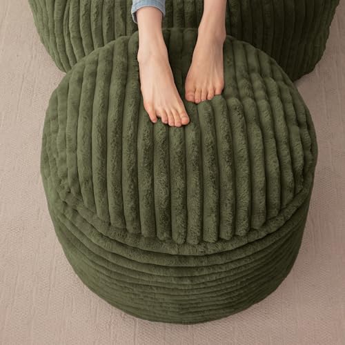 HIGOGOGO Round Stuffed Pouf Ottoman Corduroy Poufs with High-Density Foam Filling Furry and Fluffy Pouf Foot Stool Storage Ottoman 20 X 15 Floor Poufs Foot Rest for Living Room Green
