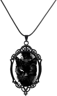 Cool Black Cat Cameo Necklace- Mysterious Cat Glass Pendant- Goth Charms Jewelry Gift Witch Costume Accessories