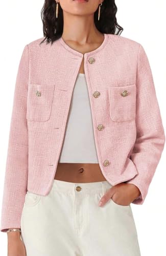 Juankrynord Veste d'affaires en tweed décontractée à manches longues et col rond roulé pour femme blazer décontracté boutonné avec poches printemps 2025...
