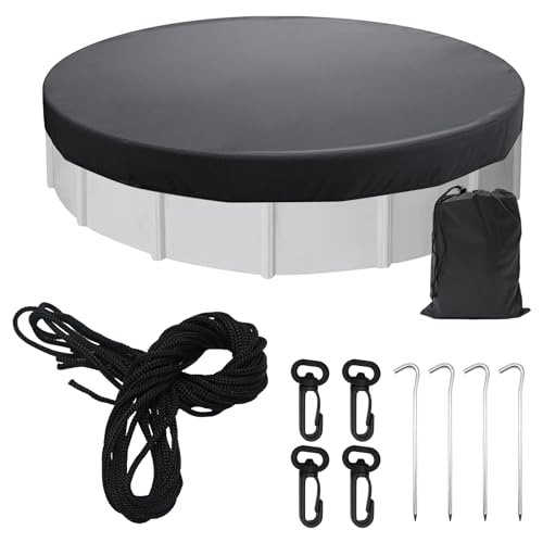 ZUDKSUY Capa Solar para Piscina Redonda de 4,5 Metros (15 Pés) Acima do Solo, Em Tecido 420D, Preta, com Acessórios Inclusos (4 Estacas para Fixação No Solo + 4 Cordas).