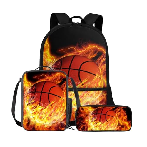 Snilety Fire Basketball Boys Backpack 8-10 Lightweight Bookbag with Lunch Box for Kids Elementary School Adjustable Strap Kids School Bags Set 3 in 1 Large Capacity Travel Backpacks