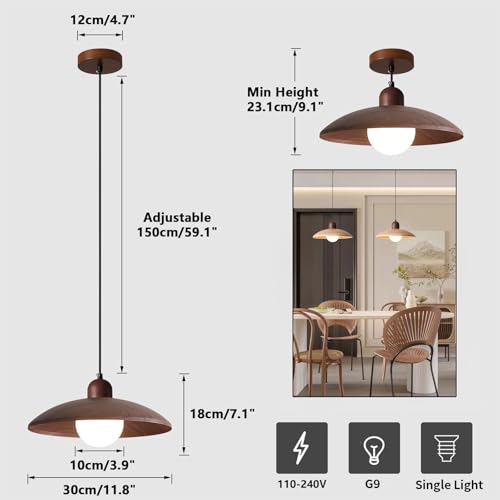 Zestaw 2 nowoczesnych lamp wiszących o zmiennej intensywności z gniazdem G9, regulowana wysokość (30 cm), wykończenie orzechowe, idealne do salonu, kuchni, na centralną wyspę lub przedpokój.