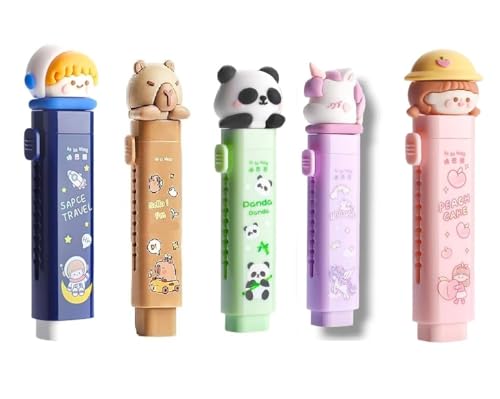 Image of Parshya Cute Kawaii Cartoon Retractable Eraser Set for Kids & Students (Pack of 5) | Fancy Push-Pull Slide Rubber Erasers with Cute Cartoon Shape Toppers | Fun Stationery | School & Return Gifts