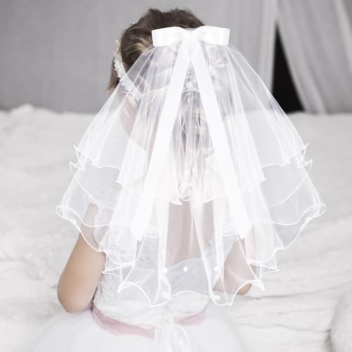 Image of Pistha 5 Pack First Communion Veil Set for Girls Bowknot Lace Veil Satin Gloves Rhinestone Accessories for Wedding Party, White