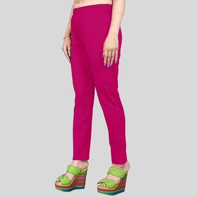 Image of Women's Solid Cotton Lycra Pants-High Waist Slim Fit Stretchable Leggings - Comfortable Long Trousers for Casual, Office & Everyday Wear