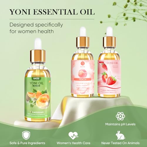 Image of BASSI 3 PCS Natural Yoni Oil for Women -Feminine Oil Vaginal Moisturizer - Reduces Odor, Restores pH Balance, Helps with Vaginal Itch, Herbal Yoni Blend with Strawberry Peach Hami Melon