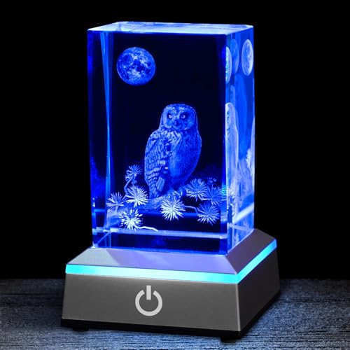 Image of 3D Owl Crystal Night Light with Multicolor LED Base Glass Laser Engraved Owl Figurines Lamp Gifts for Boys Girls Lovers Birthday Christmas Room Decor