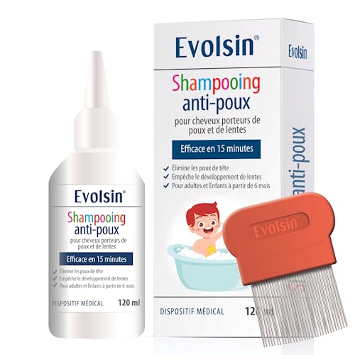 Evolsin - Shampoing anti poux avec peigne anti-poux pour adultes & enfants à partir de 6 mois - anti poux et lentes fort - 120 ml shampoing poux doux pour le cuir chevelu - agit en 15 minutes