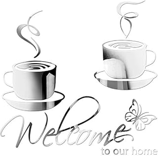 3 Pieces Home Removable Acrylic Mirror Setting Wall Decal, Include 1 Welcome to Our Home Wall Sticker, 2 Cafe Tea Wall Stickers Coffee Cup Vinyl Decal for Living Room Kitchen Restaurant Pub Decor