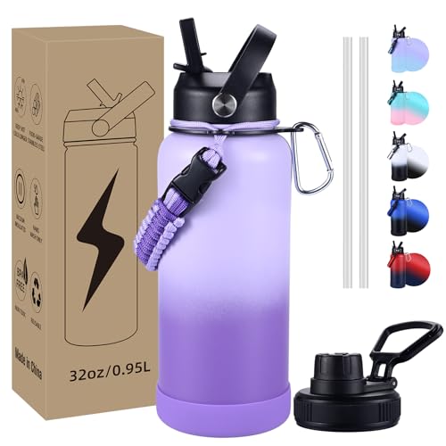 Image of Insulated Water Bottle, 32 oz Stainless Steel Wide Mouth Water Bottles with 2 Leak Proof Lid and Paracord Handle, Double Wall Vacuum Insulated Sports Water Bottle, Gradient Purple