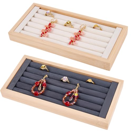 Beebeecraft Vassoio Portaorecchini in Legno Bicolore 2 Scomparti Rettangolare in Velluto per Gioielli Organizer per La Casa Scrivania Negozio Vetrina (Bianco e Nero)