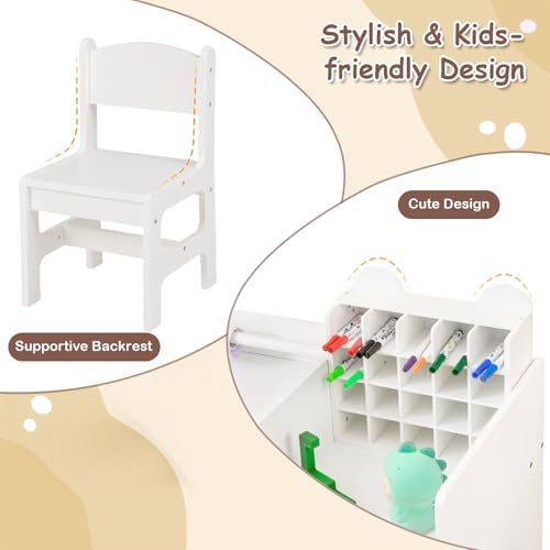Image of Costzon Toddler Table and Chair Set, 2-in-1 Art Desk Set with Paper Roll | Drawing Table and Stool w / Cubby Cabinet, Storage Drawer and Side Book Rack for Drawing, Studying, Reading & Activity Play