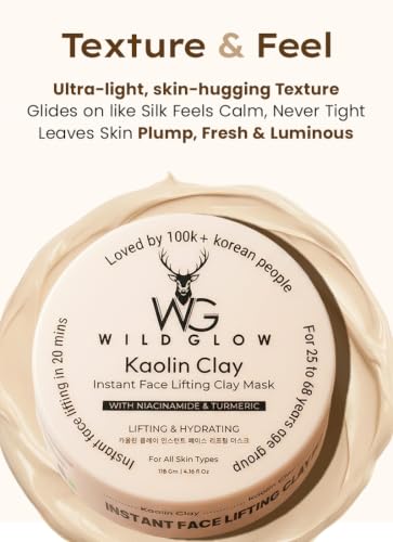 Image of Wildglow Kaolin Clay Instant Face Lifting Mask with Niacinamide & Turmeric & Vitamin B3 that tightens skin, refines pores, & boosts glow | Wrinkle Free in just 20 mins | Face Pack for Oily & Combination Skin | 118g