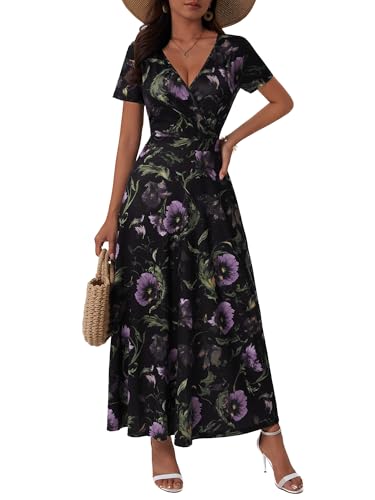 Image of HUHOT Women's Short Sleeve Wrap V Neck Dresses for Wedding Guest Summer Floral Maxi Sundresses with Pockets Boho Dress