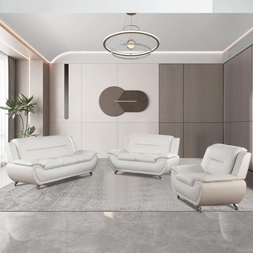 Contemporary Living Room Furniture Set, Vegan Leather Sofa Set for Living Room/House/Bedroom/Office/Apartment (Off-White, Sofa;Love;Chair)