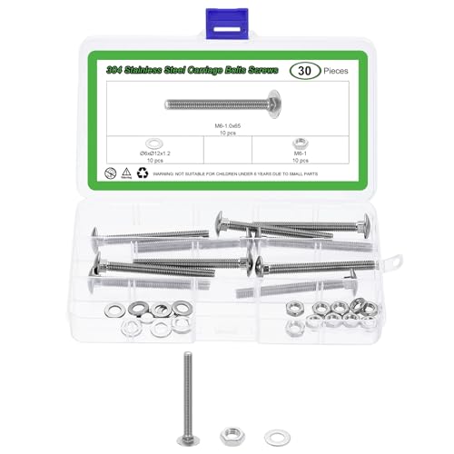 sourcing map Lot de 10 boulons et écrous de carrosserie M6-1,0 x 65 en acier inoxydable 304 à tête ronde à col carré, vis et écrous hexagonaux et rondelles plates – Argent