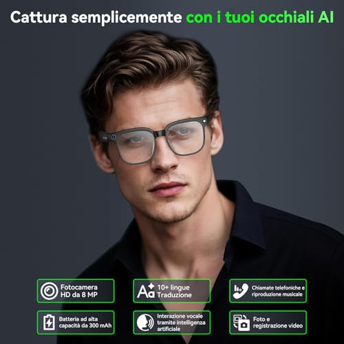 Occhiali Smart Con Fotocamera 8Mp,Smart Glasses Ai,Occhiali Intelligenti Con Fotografia/Registrazione/Chiamate Intelligenti/Musicale/Traduzione/Riconoscimento Immagini, Lenti Con Filtro Luce Blu - 2