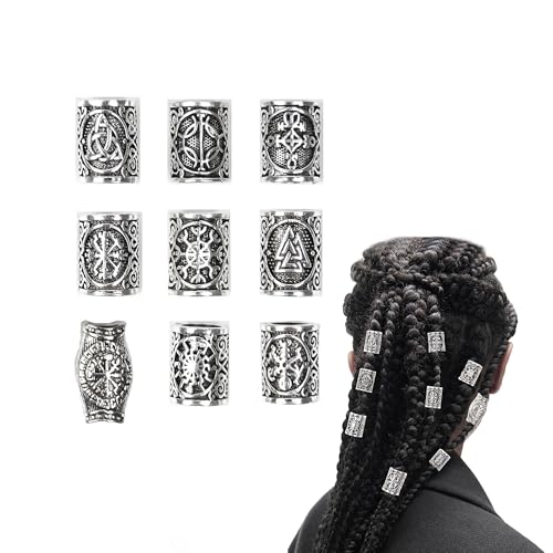 TUKEVA 9 Stück Wikinger Bart Perlen Dreadlocks Schmuck Bart Perlen Set Wikinger Nordische Haarschlauch Für Frauen Männer Zöpfe Dekoration Zum Flechten von Haaren,DIY-Schmuck etc (Silber)