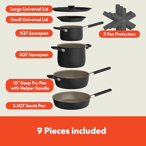 Image of bella 9 Piece Ceramic Nonstick Cookware Set, Fits-anywhere Kitchenware w EverGood Coating, Dishwasher & Oven Safe, All Stovetops Compatible, Stackable Design, Cool Touch Handles, Black