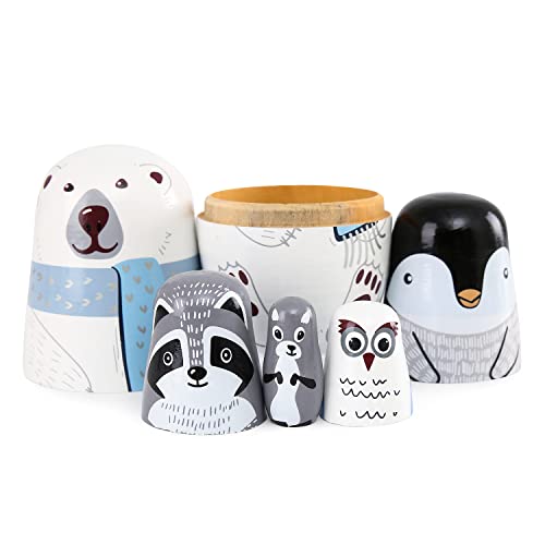 Moonmo 5Pcs Beautiful Handmade Wooden Animal Nesting Dolls Gift Polar Bear Penguin Russian Nesting Wishing Dolls Matryoshka Traditional #TOP4