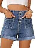 Metietila Women's Denim Shorts Button Fly Elastic High Rise Cuffed Hem 2025 Summer Jean Shorts with Patch Pockets,Classic Blue Large