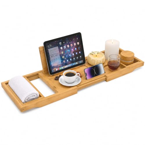 Bandeja de baño extensible de madera de bambú de lujo con puente ajustable 2
