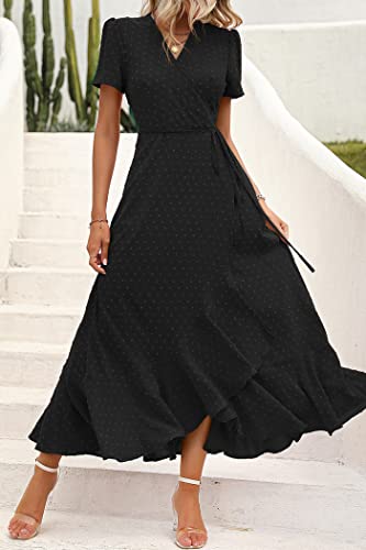 Image of PRETTYGARDEN Women's Summer Wrap Maxi Dress Casual Boho Floral V Neck Short Sleeve Ruffle Hem Split Beach Long Dresses