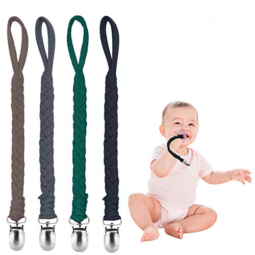 Pacifier Clips for Boys and Girls, Baby Holder Leash, Baby and Toddler Pacifier Metal Clips, Baby Teether Toy, Handmade Pacifier Clips 4 Pack (Brown/Dark Gray/Dark Green/Navy Blue)