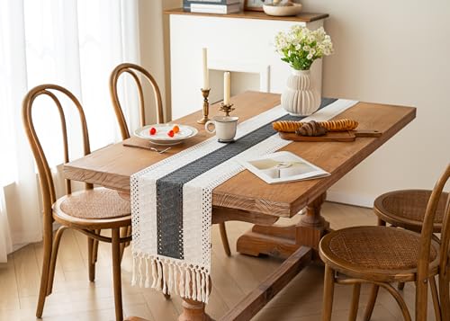 Image of FEXIA Boho Table Runner for Summer Home Decor with Tassels 72 Inches Long Farmhouse Grey Rustic Burlap Table Runner Macrame Table Decoration for Kitchen Bedroom Living Room (12x72 Inches)