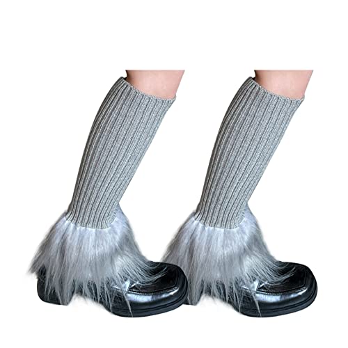 Image of Suxgumoe Women's Leg Warmers, Y2K Knit Knee High Socks, Faux Fur Fuzzy Long Winter Boot Cuffs Cover