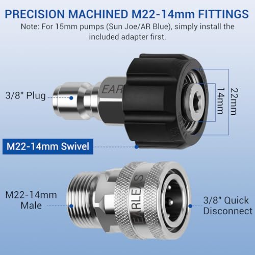Image of Pressure Washer Quick Connect Kit, 9-Piece Stainless Steel Adapter Set, M22-14mm to 3 /8 inch Quick Disconnect with M22-15mm Adapter, 3 /4 inch Garden Hose Fittings for Gas & Electric Pressure Washers