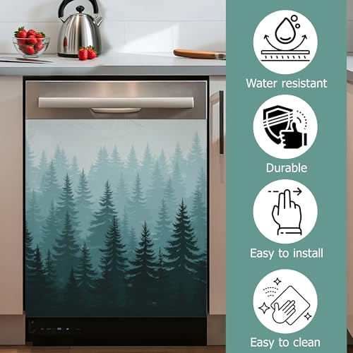 Image of Foggy Forest Refrigerator Magnet Cover,Green Pine Trees Washable Dishwasher Magnets Decorative Cover,Home Kitchen Decorative Dishwasher Front Panel Cover 23x26 Inch