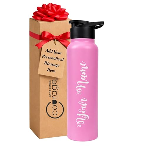 Image of COURAGE Stainless Steel Customize Sipper Water Bottle 1Liter Leak Proof for Fridge Home Office Travel School Kids Boys Girls Adults Sports Gym Yoga - Light Pink