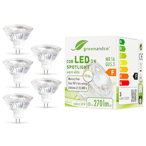 greenandco 5x MR16 GU5.3 | ersetzt 35W | warmweiß 2700K | 3W 300 lm | 38° | flimmerfrei | COB LED Spot | 12V AC/DC |...