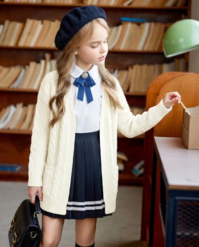 Image of Arshiner Girls Open Front Cardigan Long Sleeve Casual Kids Fall Clothes Solid Thick Chunky Sweater Coat with Pockets