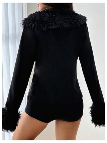 WDIRARA Women's Faux Fur Collar Zip Up Jacket Long Sleeve Suede Jacket Outerwear3