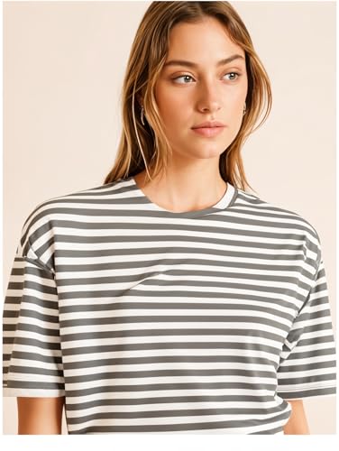 Image of Mack Jonney Oversized | Loose Fit | Half Sleeves 100% Cotton Round Neck Striped T-Shirt for WOMEN-MACK640558