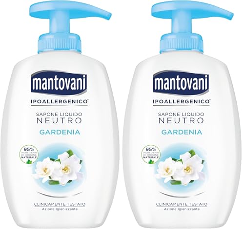 Mantovani - Sapone Liquido Mani Neutro Ipoallergenico, Fragranza Gardenia, con Vitamina E e Collagene Vegetale, 300 ml (Confezione da 2)