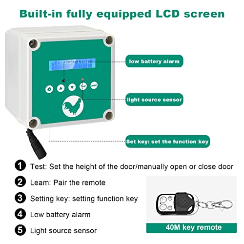 TELAM Automatische Hühnerklappe, Türöffner Hühnerstall mit Timer und Lichtsensor mit LCD-Bildschirm, Solarenergie oder… – Bild 3