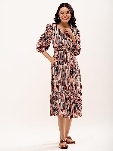 Image of AASK Abstract Printed Puff Sleeve Gathered Detailed Fit Flare Dress