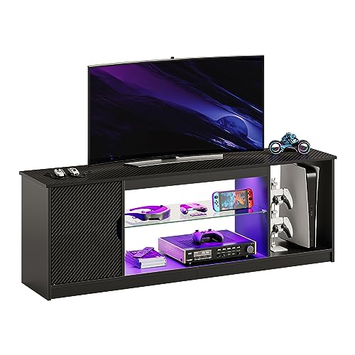 Bestier LED Entertainment Center for PS5, Gaming TV Stand with Cabinet 55/65 Inch TV, Modern TV Console with Adjustable Glass Shelf Living Room Bedroom, Black Carbon Fiber 57" 57 Inch Carbon