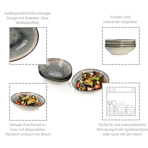 SÄNGER | Salatschale Capri Grau 4 tlg, Salatteller 4 Personen, Steingut Geschirr Set für Salat, Tiefe Teller Spülmaschinenfest Handmade Salatschälchen Grau mit Braunem Rand 760 ml | PREMIUM COLLECTION