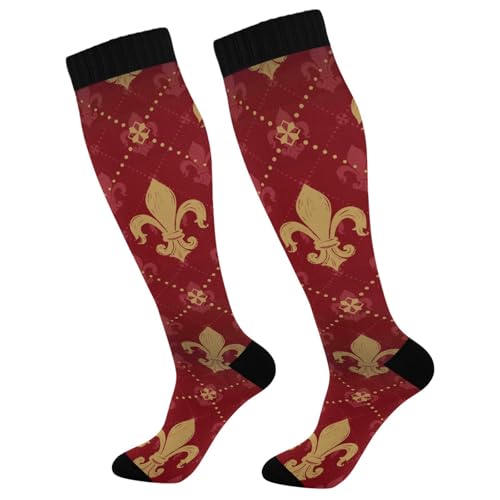 Dussdil Mardi Gras Gold Red Fleur De Lis Compression Socks for Women Men Christmas Circulation Long Knee Socks for Winter Warm Stockings Socks