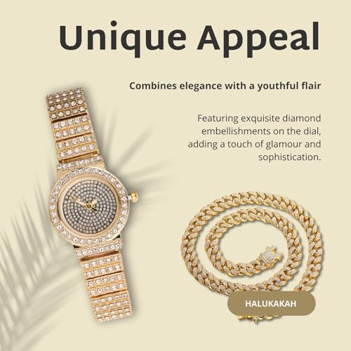 Image of Halukakah Kids' Diamond Watch Sparkling Starry: 18k Real Gold /Platinum Plated,Elegant & Casual Round Dial,Full of Diamonds,Stainless Steel Band Quartz Watch,Present for Boys and Girls