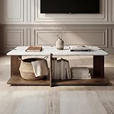 HNY 50' Modern Open Frame Coffee Table with Storage, Solid Wood Center Table with Marble (Super Matte) Top, Hollow Visual Display Space for Home, Office, Living Room, Hotel Lobby,Waiting Area, Walnut